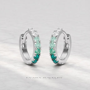 Natural Emerald Teal Ombre & Lab Diamond Hoop Earrings: Everyday Hoops, Birthday Gift for Her
