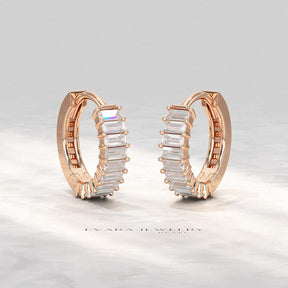 Baguette Cut Lab Grown Diamond Hoop Earrings: Art Deco Huggies, 14K Gold Everyday Wear