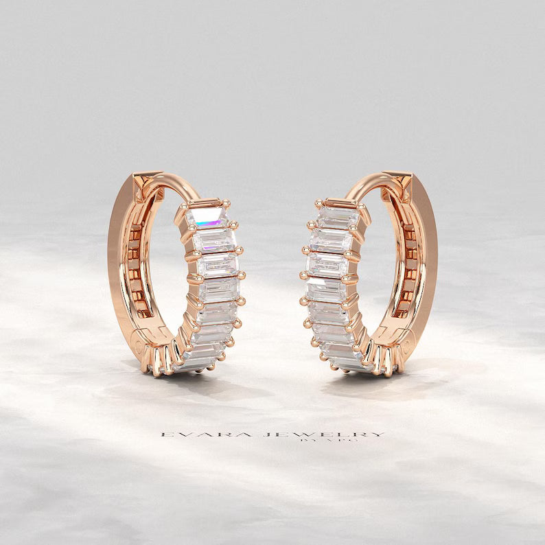 Baguette Cut Lab Grown Diamond Hoop Earrings: Art Deco Huggies, 14K Gold Everyday Wear