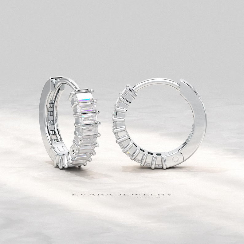 Baguette Cut Lab Grown Diamond Hoop Earrings: Art Deco Huggies, 14K Gold Everyday Wear