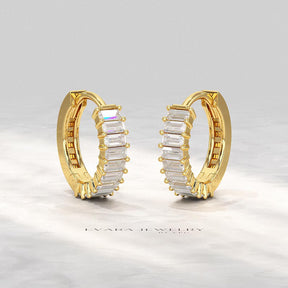 Baguette Cut Lab Grown Diamond Hoop Earrings: Art Deco Huggies, 14K Gold Everyday Wear