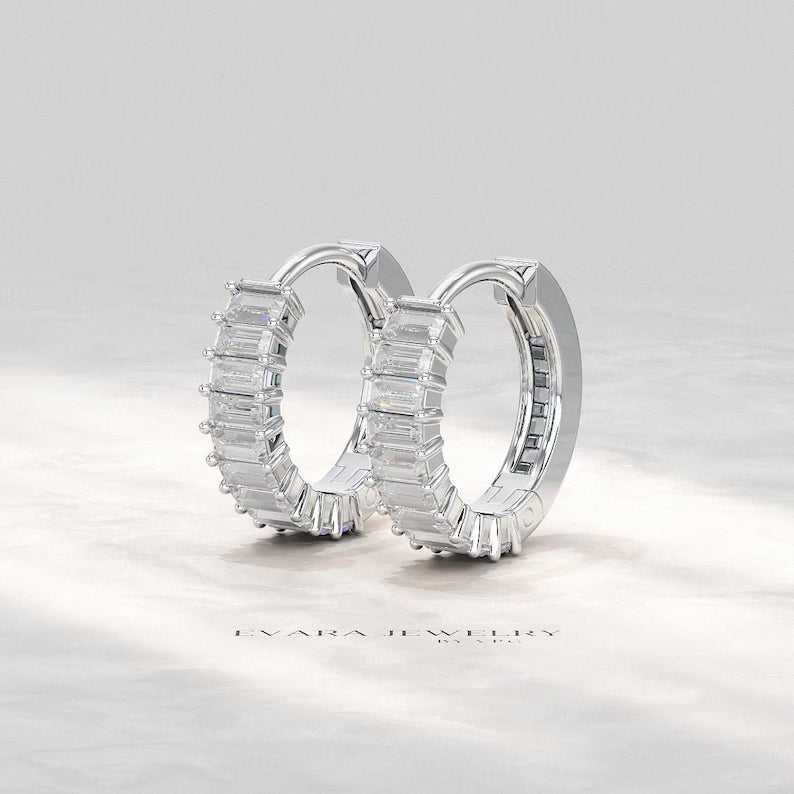 Baguette Cut Lab Grown Diamond Hoop Earrings: Art Deco Huggies, 14K Gold Everyday Wear