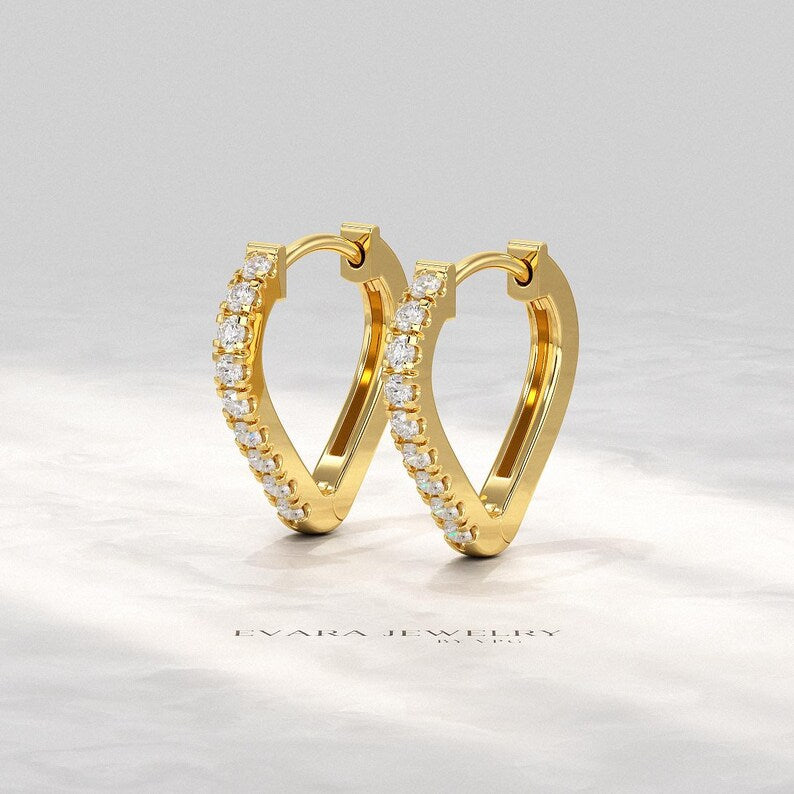 Diamond Heart Hoop Earrings – Lab Grown Diamond Huggies in 14K Gold, Birthday Gift for Her