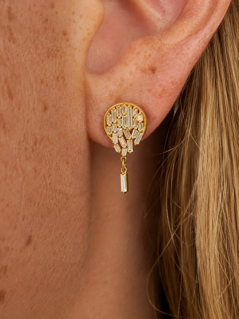 Baguette Cut Lab Grown Diamond Stud Earrings: Diamond Mosaic Earring