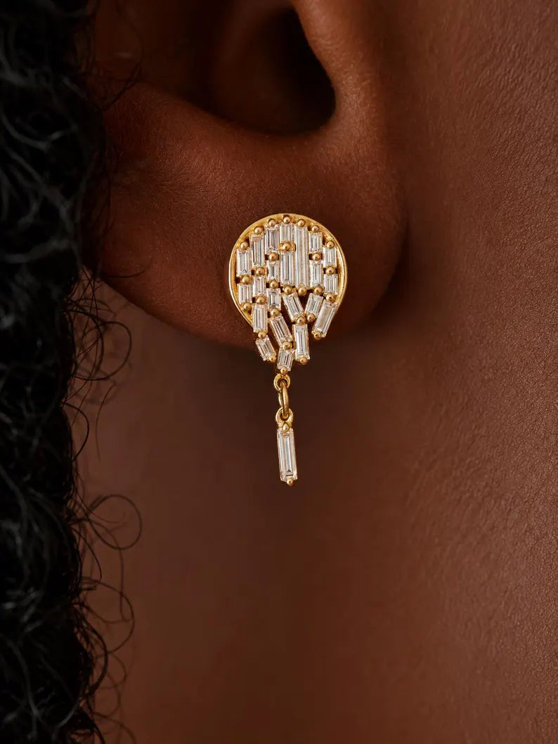 Baguette Cut Lab Grown Diamond Stud Earrings: Diamond Mosaic Earring