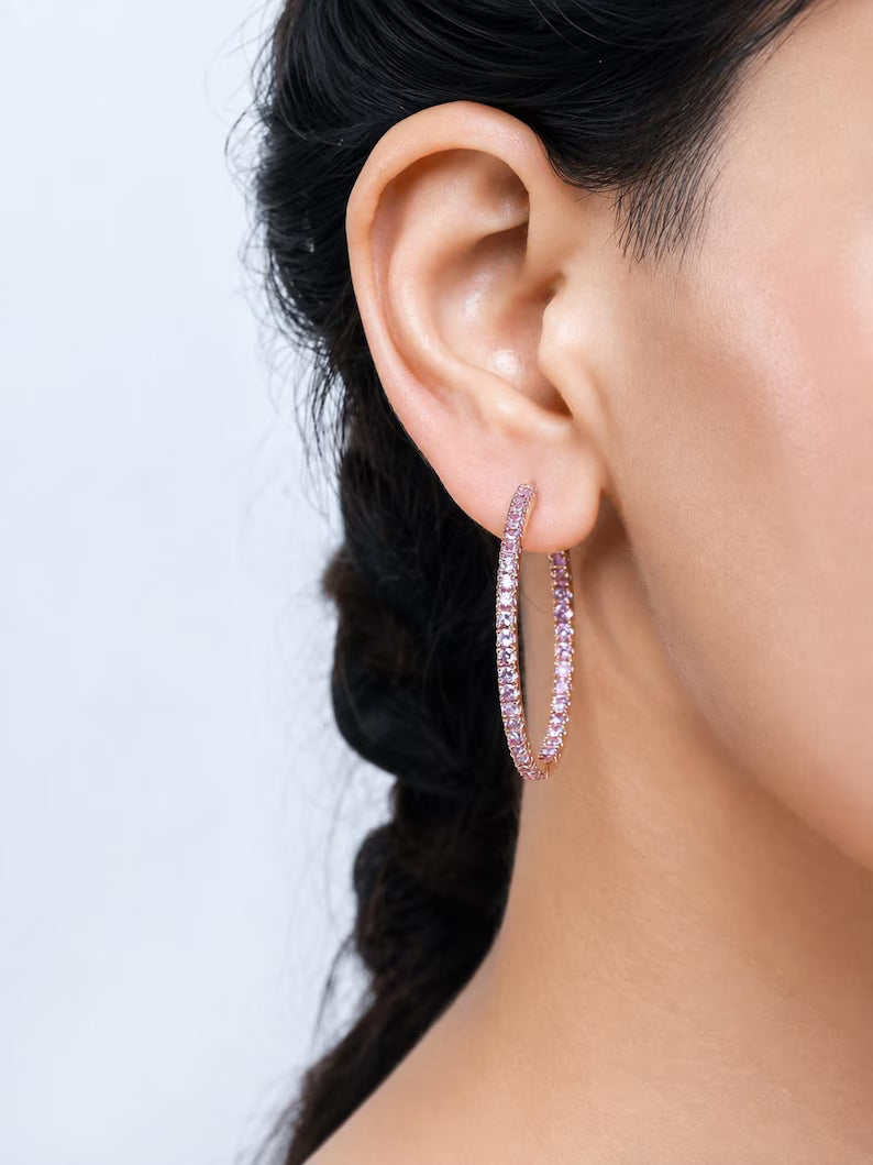 Natural Pink Sapphire Thin Inside Out Hoop Earrings: Luxury Big Hoops