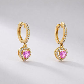 Natural Pink Sapphire Hoop Earrings: Heart Cut 14K Rose Gold, Halo Diamond Hoops