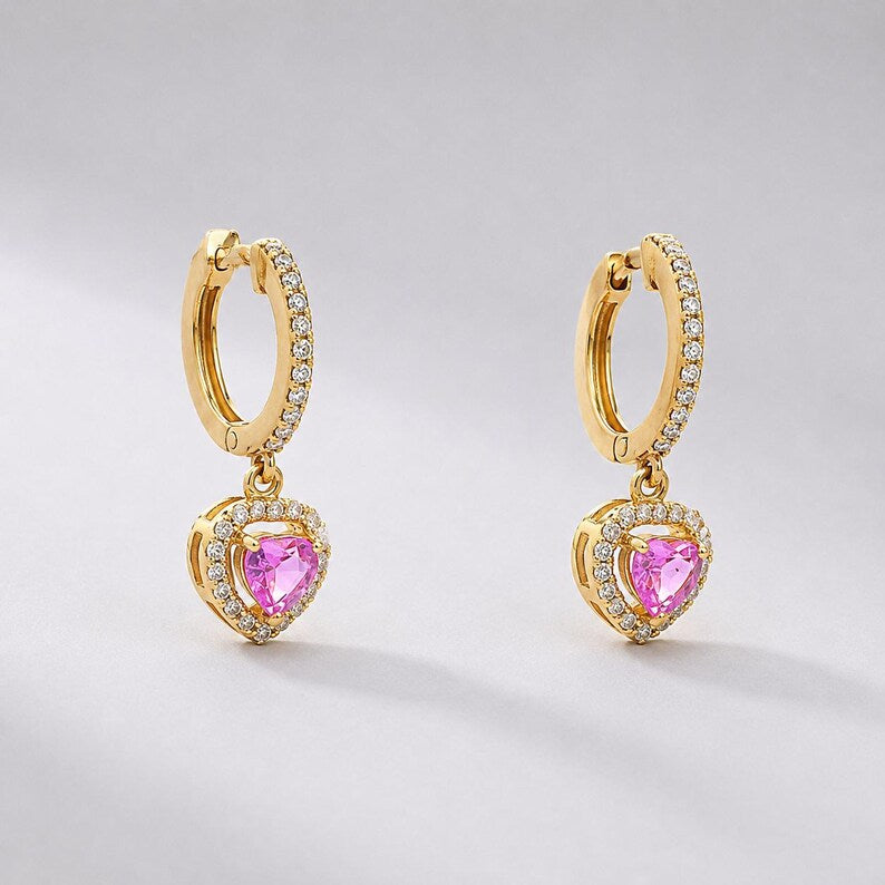 Natural Pink Sapphire Hoop Earrings: Heart Cut 14K Rose Gold, Halo Diamond Hoops