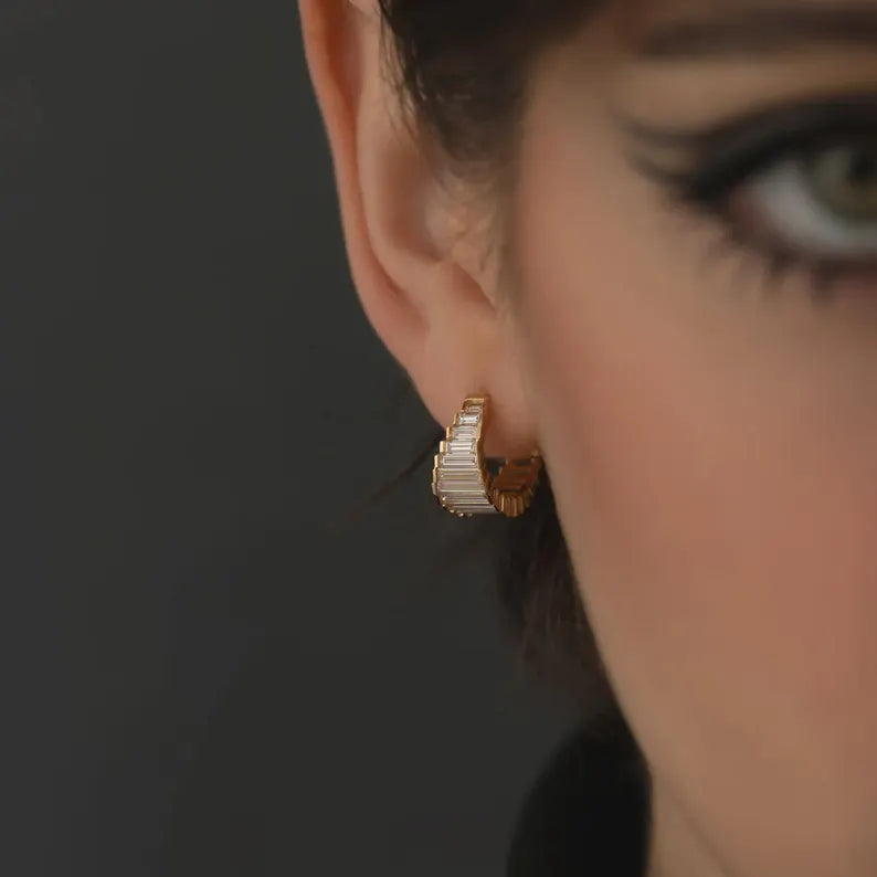 2.76 Carat Lab Grown Diamond Baguette Earrings: 14K Solid Gold, Diamond Art Deco Hoops