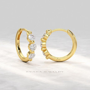 Lab Grown CVD Diamond Hoop Earrings: Three Stone Diamond Huggies, Birthday Gift for Her - Evara Jewelry LLC