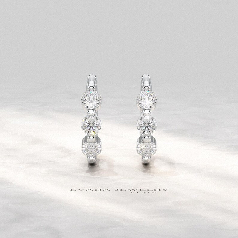 Lab Grown CVD Diamond Hoop Earrings: Three Stone Diamond Huggies, Birthday Gift for Her - Evara Jewelry LLC