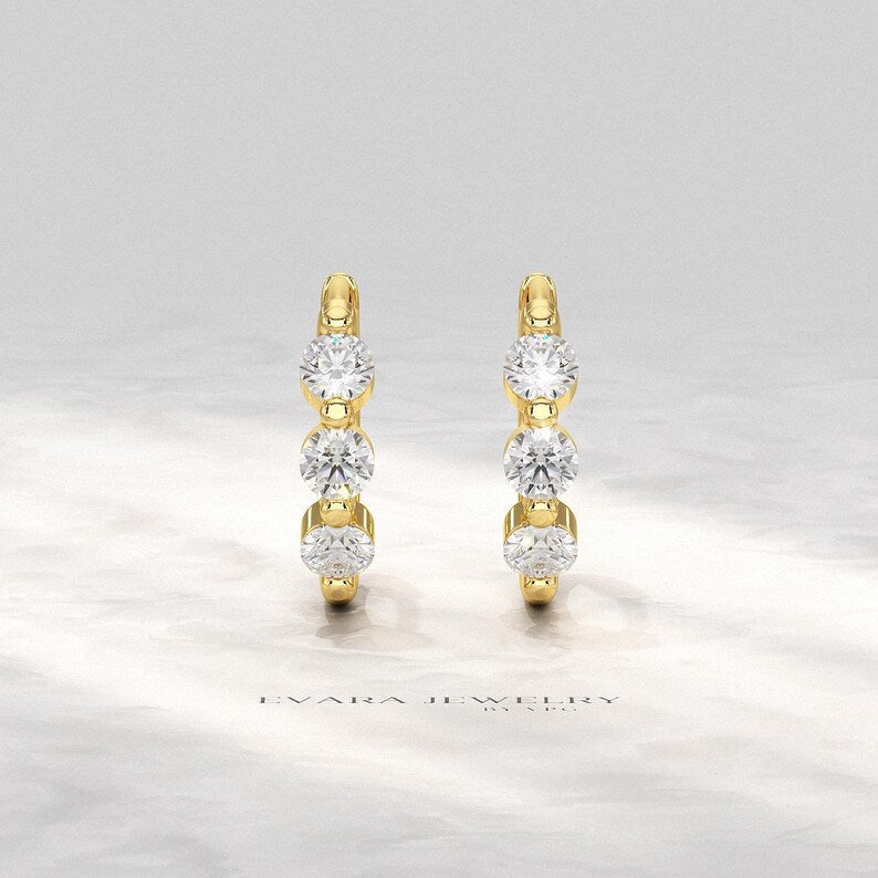 Lab Grown CVD Diamond Hoop Earrings: Three Stone Diamond Huggies, Birthday Gift for Her - Evara Jewelry LLC