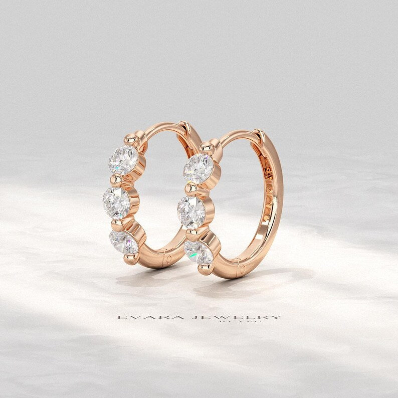 Lab Grown CVD Diamond Hoop Earrings: Three Stone Diamond Huggies, Birthday Gift for Her - Evara Jewelry LLC