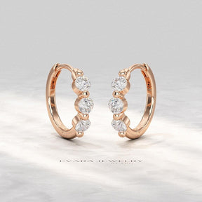 Lab Grown CVD Diamond Hoop Earrings: Three Stone Diamond Huggies, Birthday Gift for Her - Evara Jewelry LLC