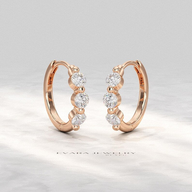 Lab Grown CVD Diamond Hoop Earrings: Three Stone Diamond Huggies, Birthday Gift for Her - Evara Jewelry LLC