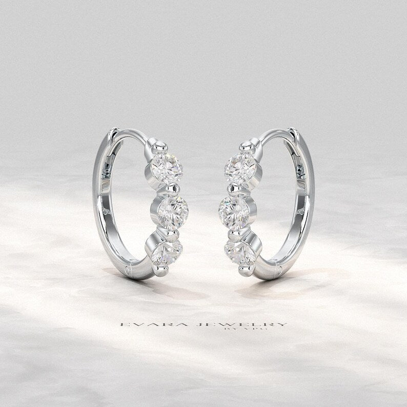 Lab Grown CVD Diamond Hoop Earrings: Three Stone Diamond Huggies, Birthday Gift for Her - Evara Jewelry LLC
