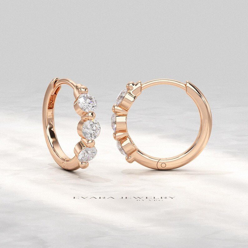 Lab Grown CVD Diamond Hoop Earrings: Three Stone Diamond Huggies, Birthday Gift for Her - Evara Jewelry LLC