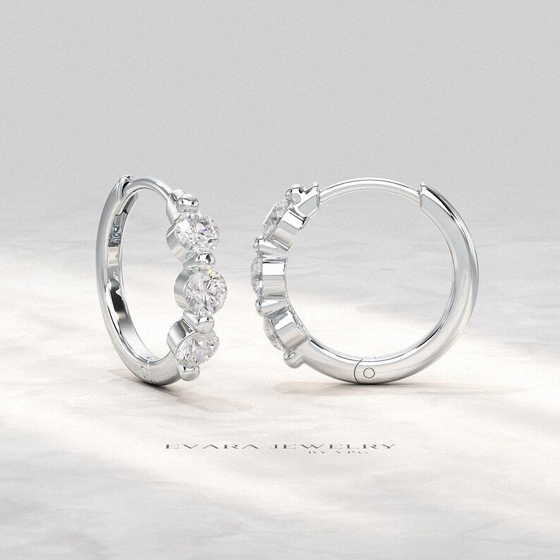 Lab Grown CVD Diamond Hoop Earrings: Three Stone Diamond Huggies, Birthday Gift for Her - Evara Jewelry LLC
