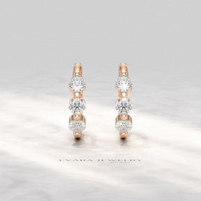 Lab Grown CVD Diamond Hoop Earrings: Three Stone Diamond Huggies, Birthday Gift for Her - Evara Jewelry LLC