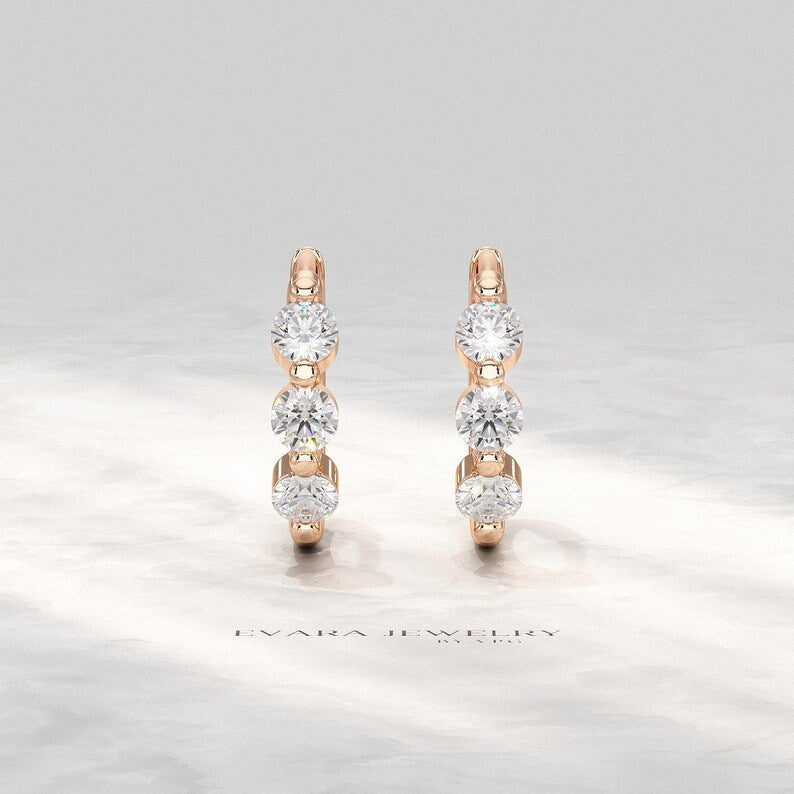 Lab Grown CVD Diamond Hoop Earrings: Three Stone Diamond Huggies, Birthday Gift for Her - Evara Jewelry LLC