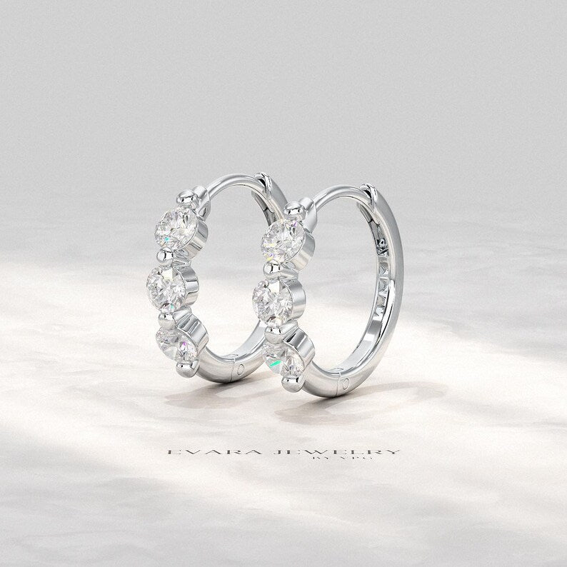 Lab Grown CVD Diamond Hoop Earrings: Three Stone Diamond Huggies, Birthday Gift for Her - Evara Jewelry LLC