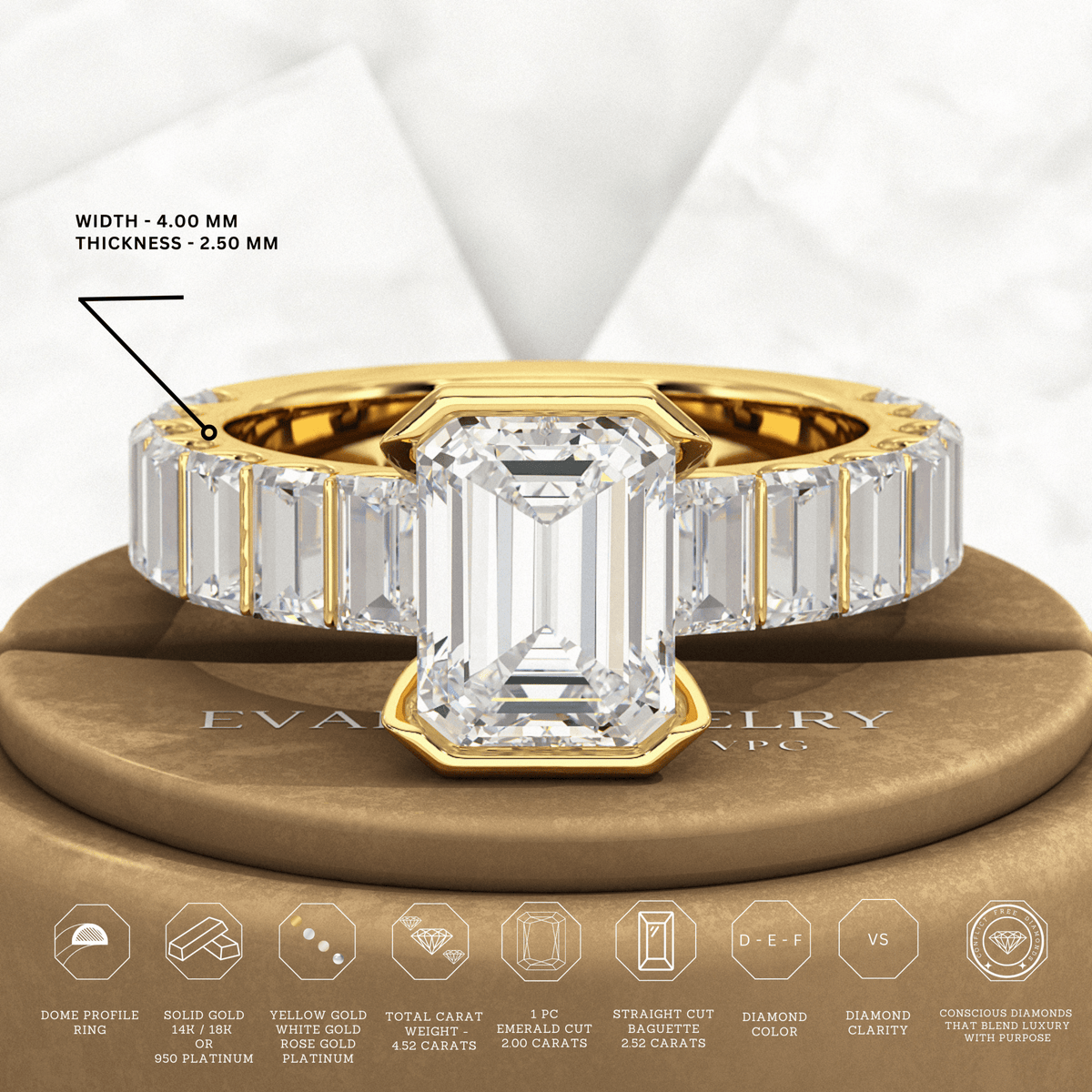 Luxury Diamond 4.52 Carat Emerald Cut Wedding Band - Evara Jewelry LLC
