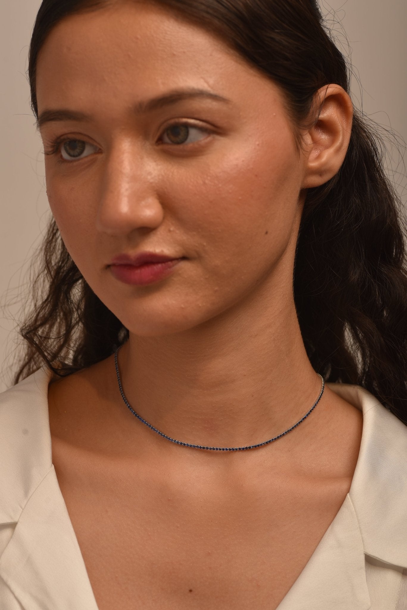 Natural Blue Sapphire Tennis Necklace in 14K/18K White Gold - Evara Jewelry LLC