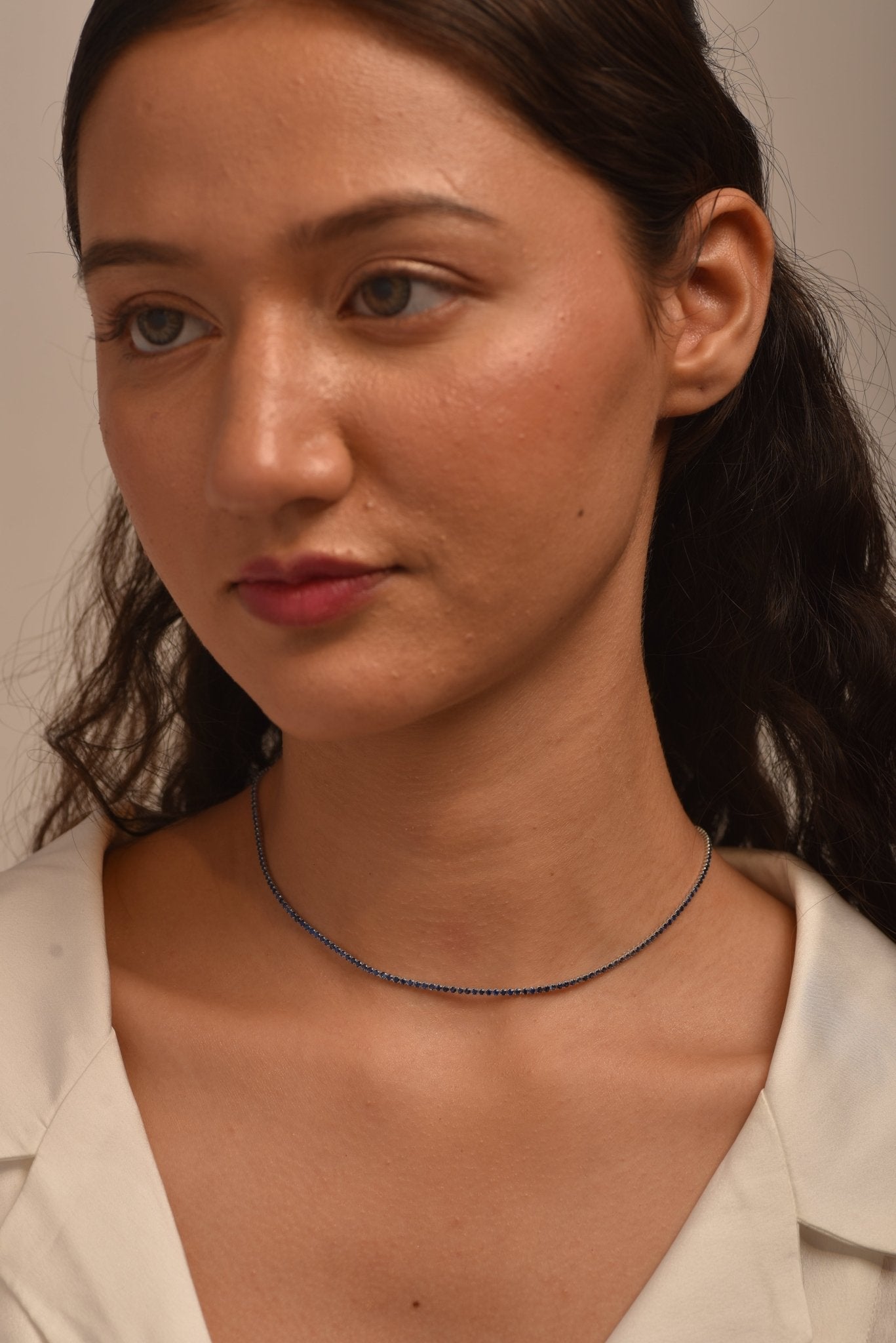 Natural Blue Sapphire Tennis Necklace in 14K/18K White Gold - Evara Jewelry LLC