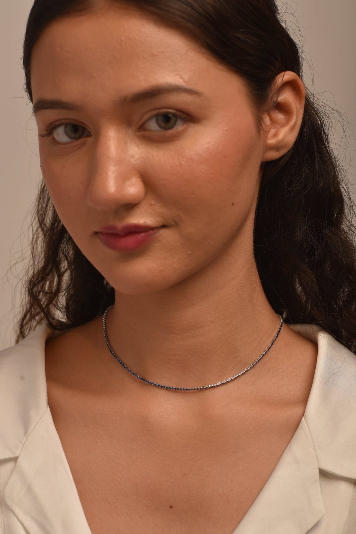 Natural Blue Sapphire Tennis Necklace in 14K/18K White Gold - Evara Jewelry LLC