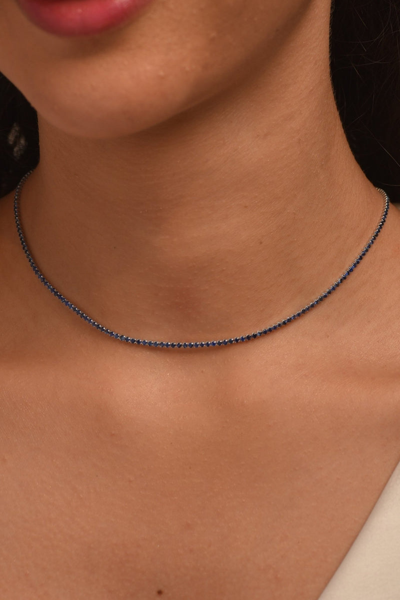 Natural Blue Sapphire Tennis Necklace in 14K/18K White Gold