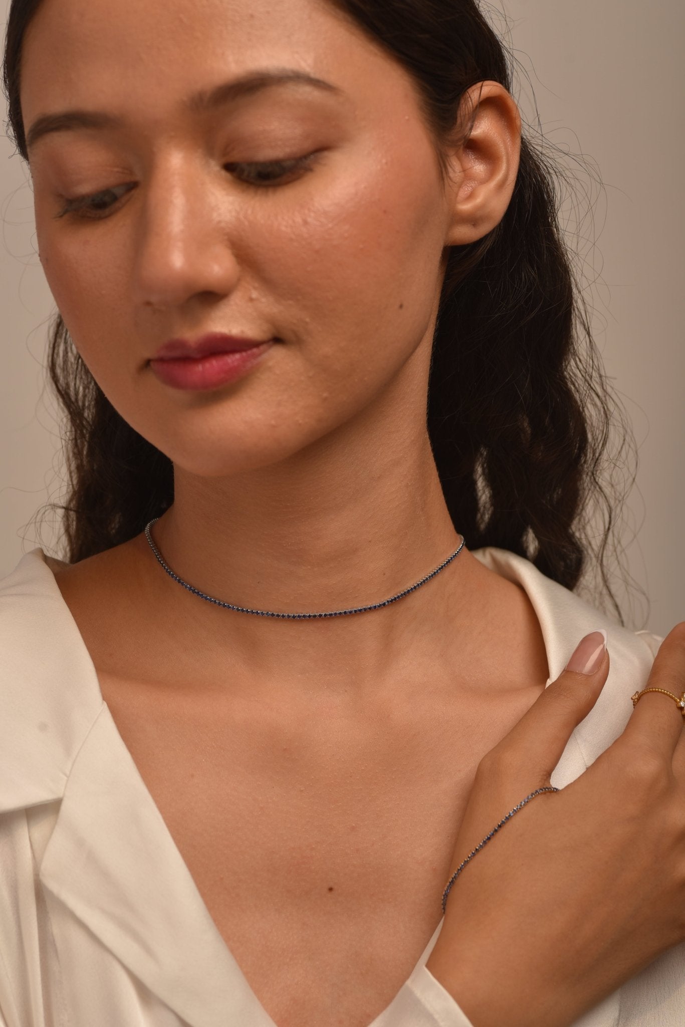 Natural Blue Sapphire Tennis Necklace in 14K/18K White Gold - Evara Jewelry LLC