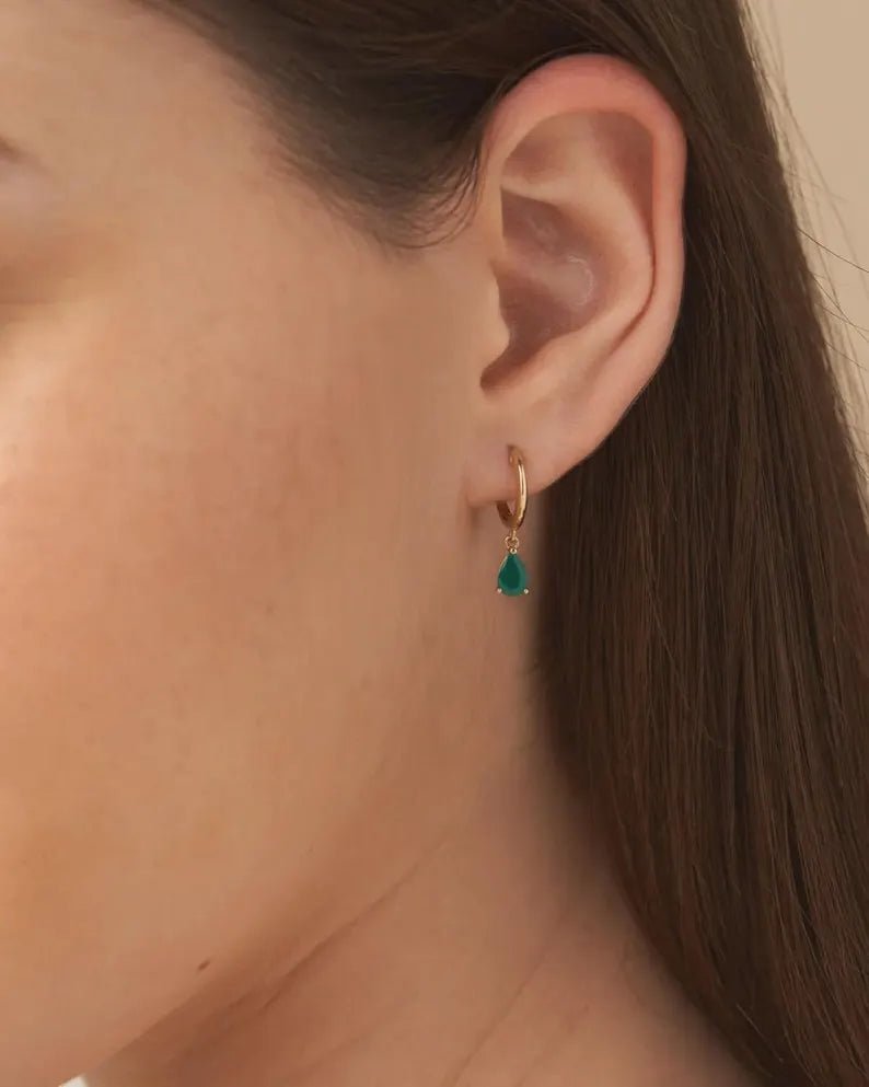 Natural Emerald Classic Hoop Everyday Earrings: 14K Yellow Gold - Evara Jewelry LLC