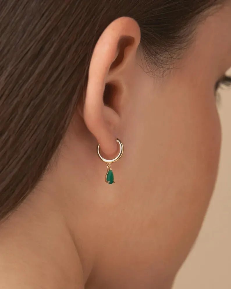 Natural Emerald Classic Hoop Everyday Earrings: 14K Yellow Gold - Evara Jewelry LLC