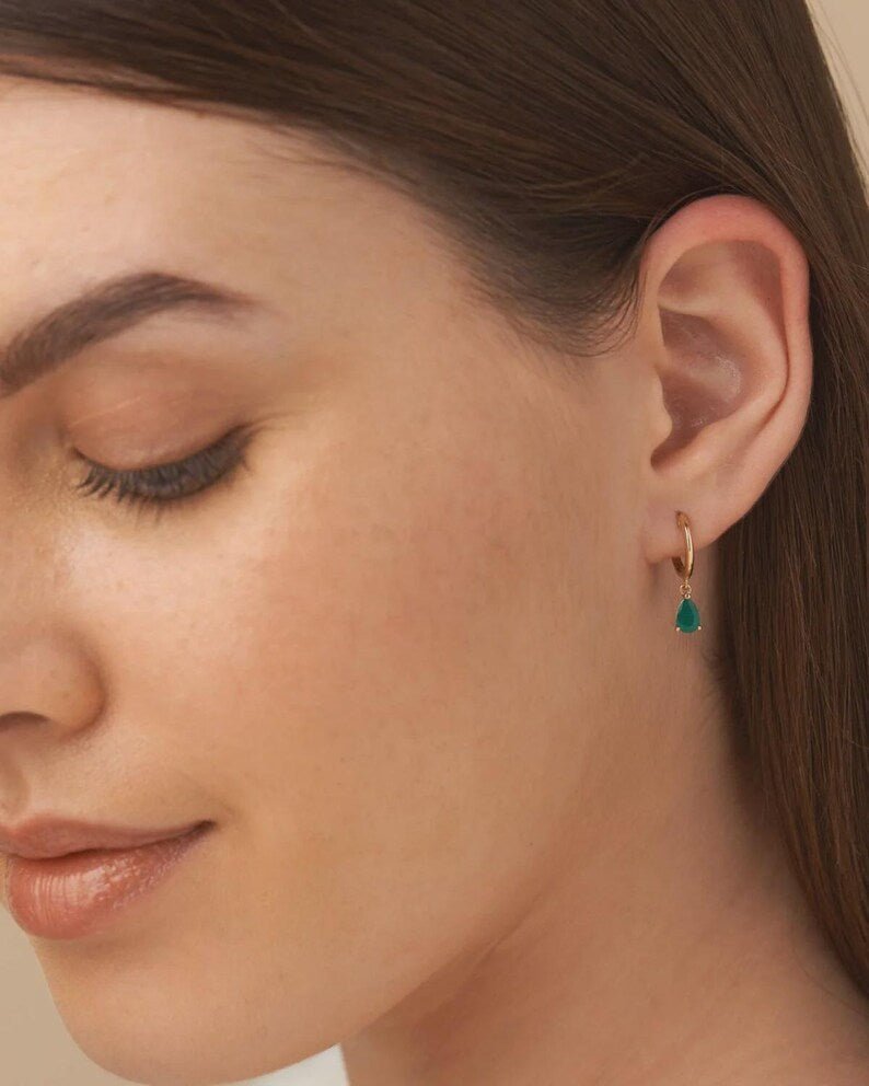 Natural Emerald Classic Hoop Everyday Earrings: 14K Yellow Gold - Evara Jewelry LLC