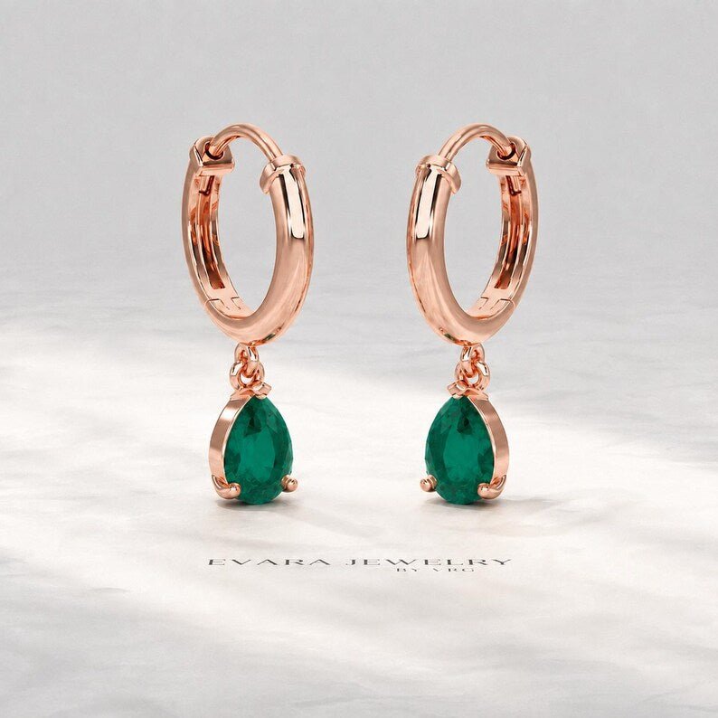 Natural Emerald Classic Hoop Everyday Earrings: 14K Yellow Gold - Evara Jewelry LLC