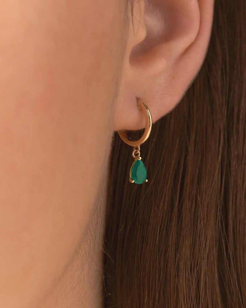 Natural Emerald Classic Hoop Everyday Earrings: 14K Yellow Gold - Evara Jewelry LLC