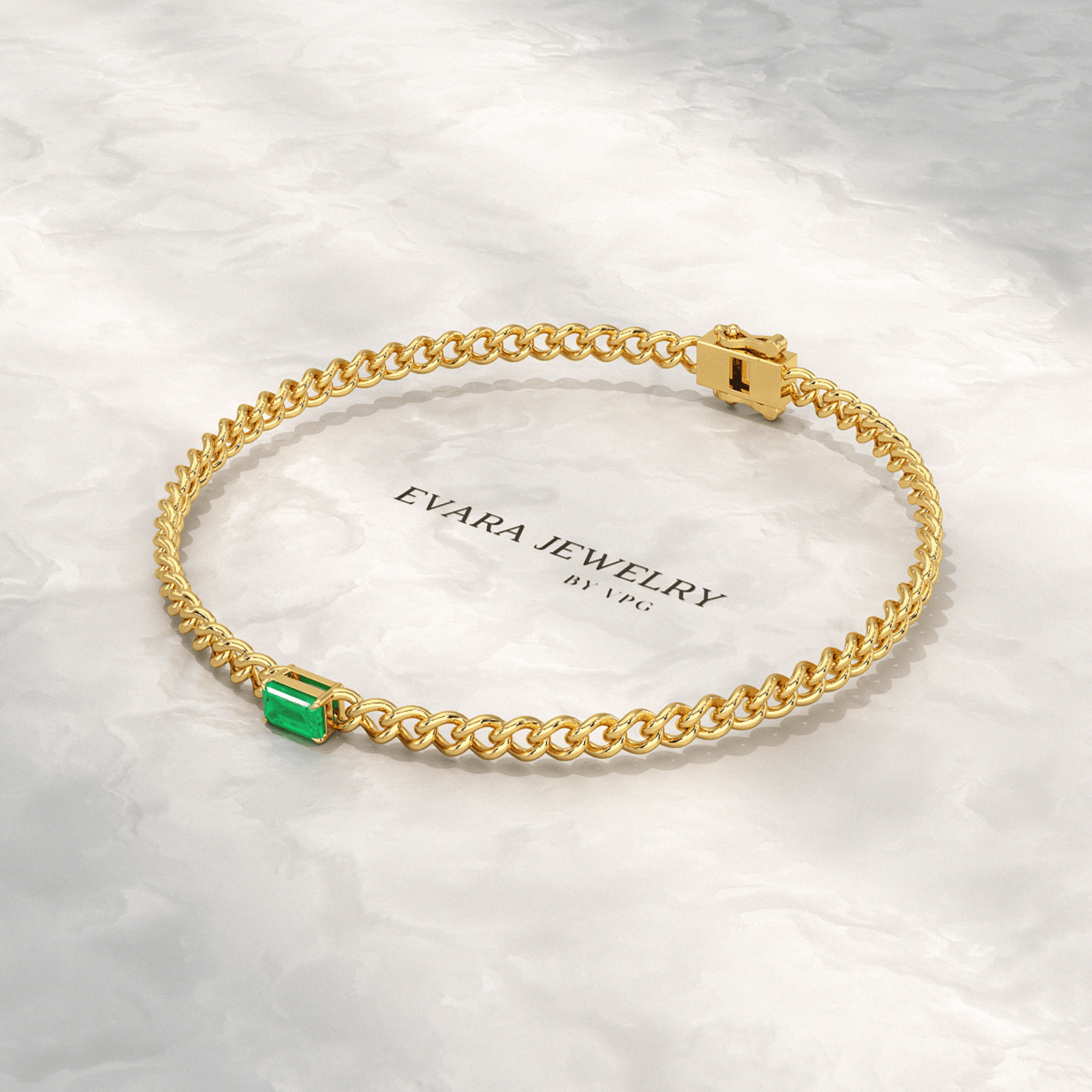 Natural Emerald Cuban Chain Link Statement Bracelet in 14K Yellow Gold - Evara Jewelry LLC