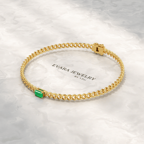 Natural Emerald Cuban Chain Link Statement Bracelet in 14K Yellow Gold - Evara Jewelry LLC