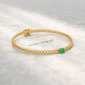 Natural Emerald Cuban Chain Link Statement Bracelet in 14K Yellow Gold - Evara Jewelry LLC