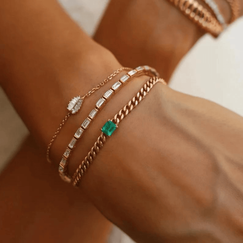 Natural Emerald Cuban Chain Link Statement Bracelet