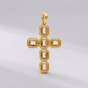 Natural Emerald-Cut Pink Sapphire and Diamond Halo Cross Pendant in 14K Gold - Evara Jewelry LLC
