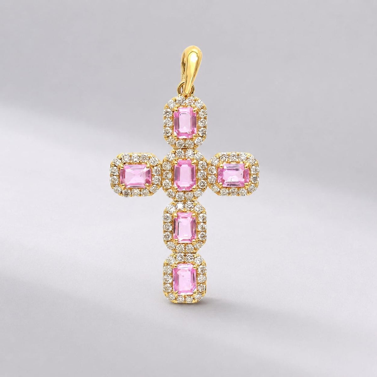Natural Emerald-Cut Pink Sapphire and Diamond Halo Cross Pendant in 14K Gold - Evara Jewelry LLC