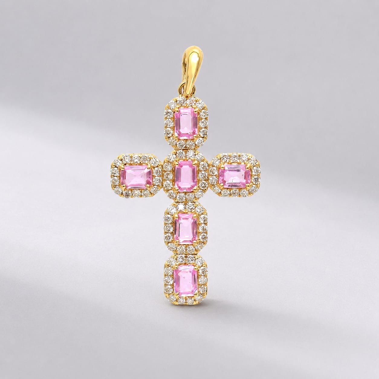 Natural Emerald-Cut Pink Sapphire and Diamond Halo Cross Pendant in 14K Gold - Evara Jewelry LLC