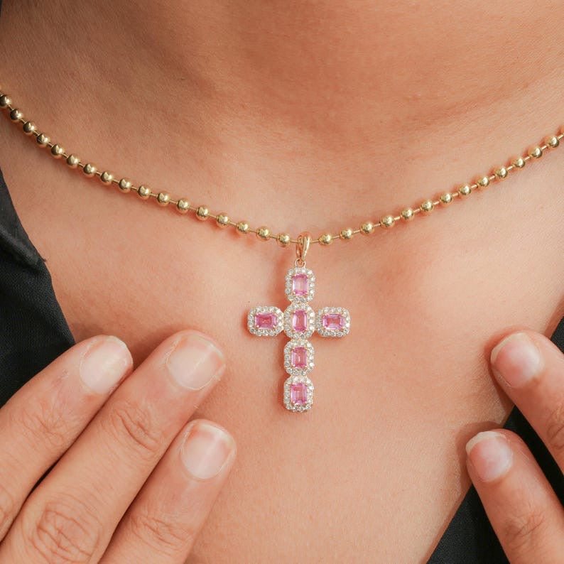 Natural Emerald-Cut Pink Sapphire and Diamond Halo Cross Pendant in 14K Gold - Evara Jewelry LLC