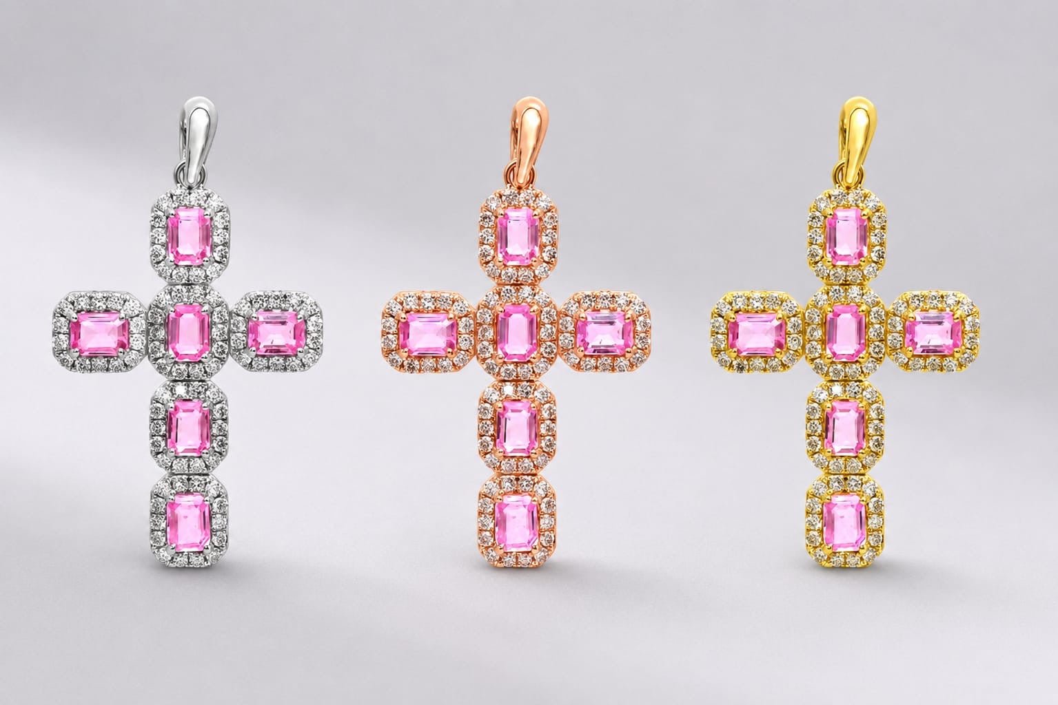 Natural Emerald-Cut Pink Sapphire and Diamond Halo Cross Pendant in 14K Gold - Evara Jewelry LLC