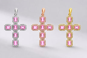 Natural Emerald-Cut Pink Sapphire and Diamond Halo Cross Pendant in 14K Gold - Evara Jewelry LLC