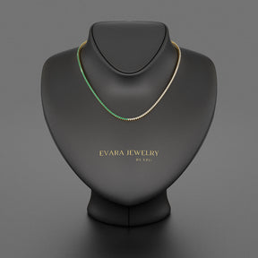 Natural Emerald & Diamond 50 - 50 Tennis Necklace in 14K/18K White Gold - Evara Jewelry LLC
