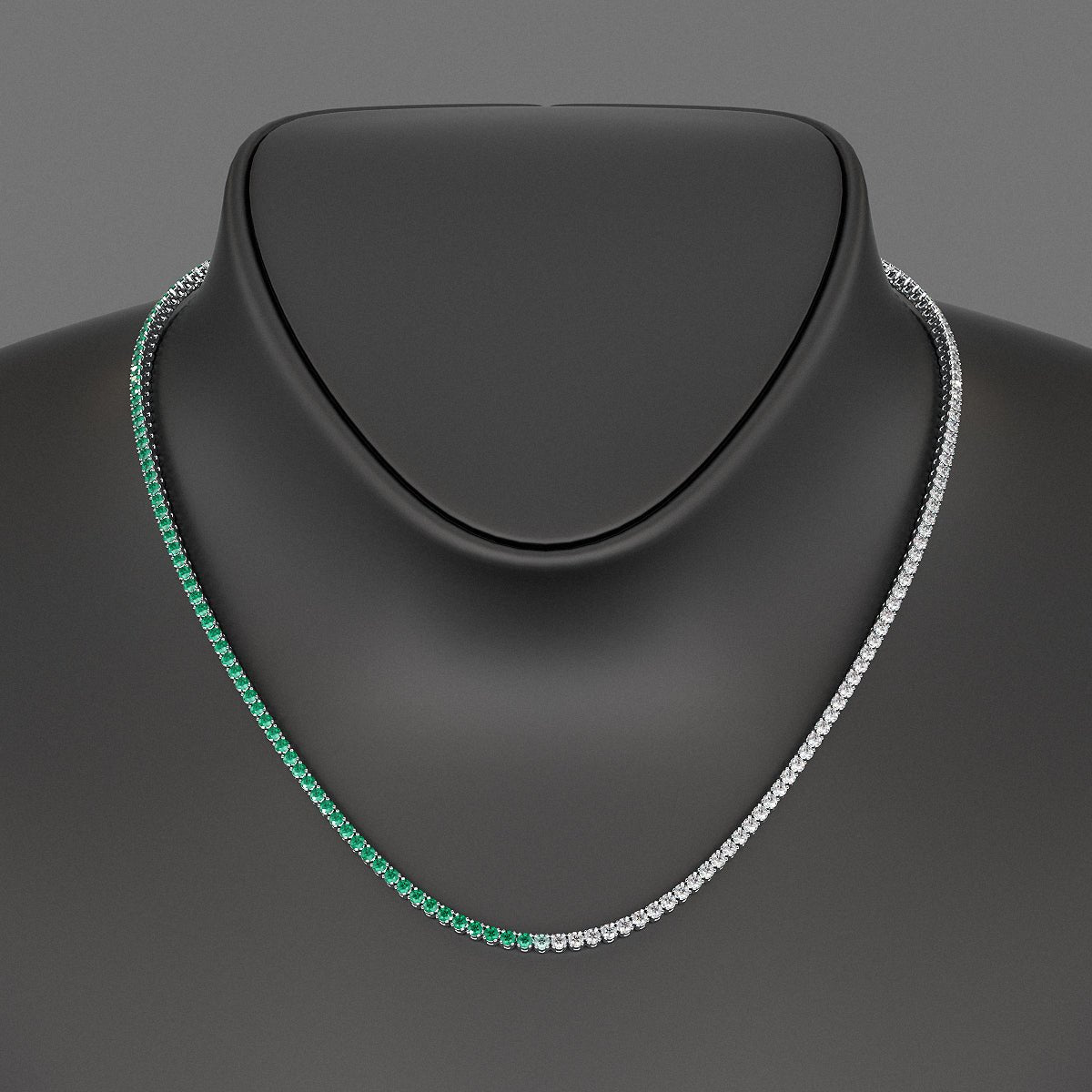 Natural Emerald & Diamond 50 - 50 Tennis Necklace in 14K/18K White Gold - Evara Jewelry LLC