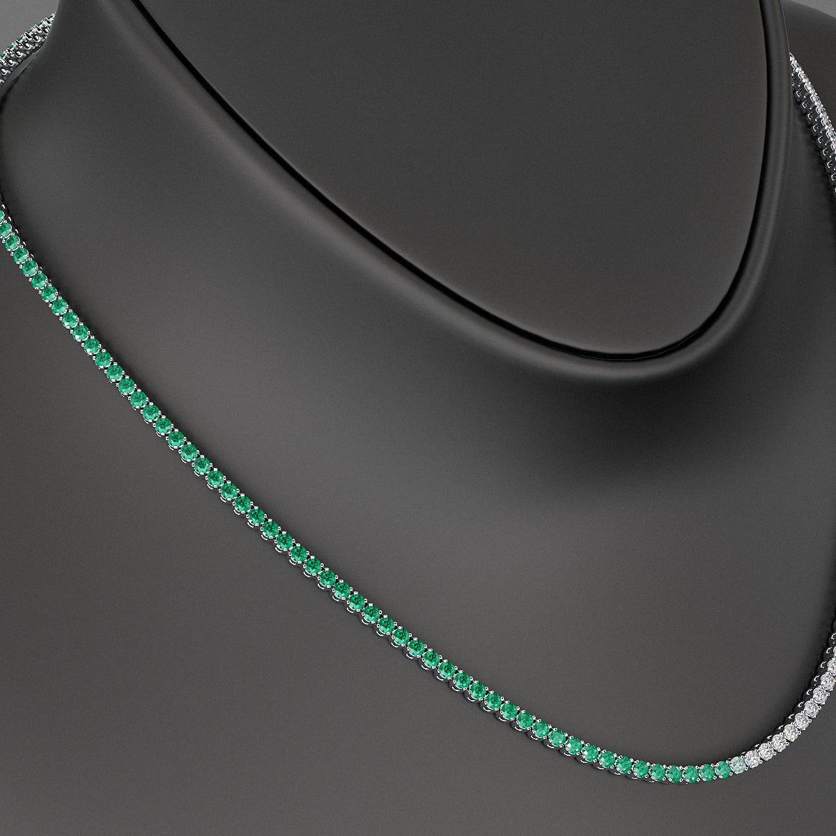 Natural Emerald & Diamond 50 - 50 Tennis Necklace in 14K/18K White Gold - Evara Jewelry LLC