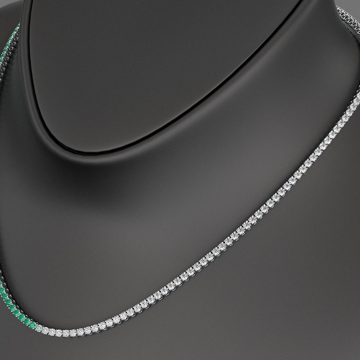 Natural Emerald & Diamond 50 - 50 Tennis Necklace in 14K/18K White Gold - Evara Jewelry LLC